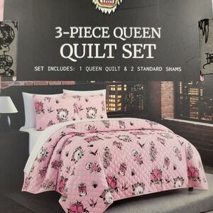Ed Hardy 3-Piece Queen Quilt Set Pink Tattoo Skull Roses Heart Bedding New Y2K
